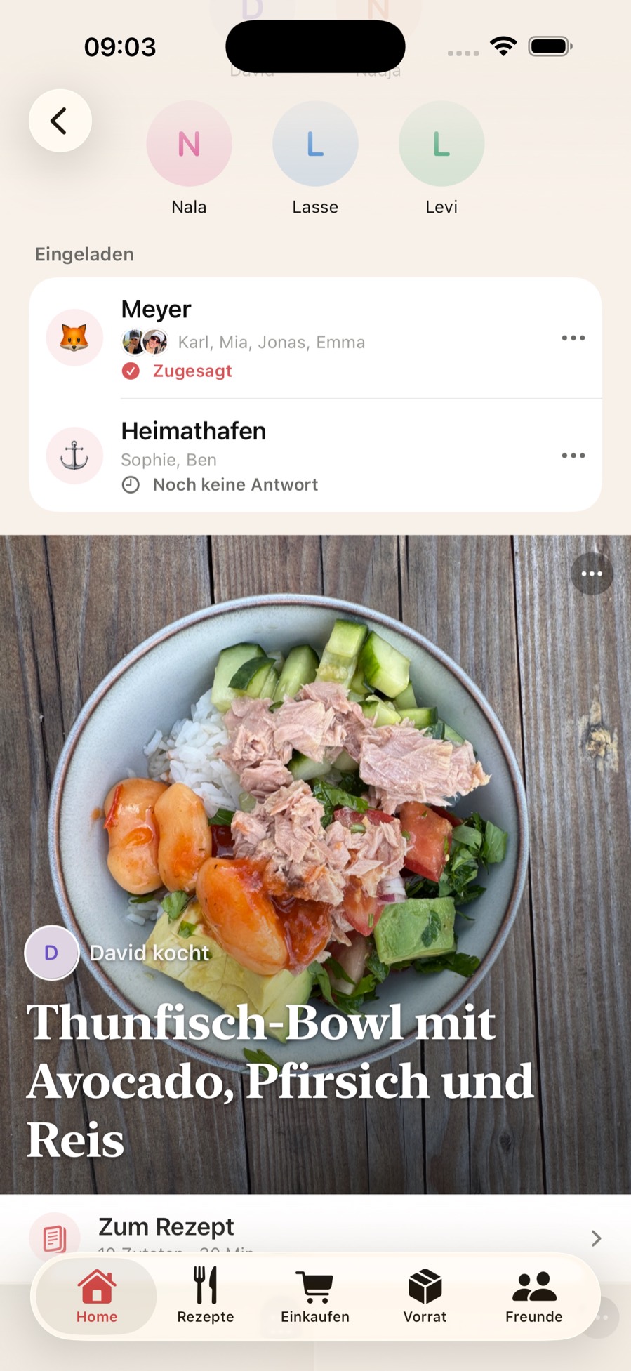 Tagesansicht in der Superkitchen-App mit der Karte „Eingeladen“: eine Küche hat zugesagt, eine hat noch nicht geantwortet, darunter das Gericht des Tages