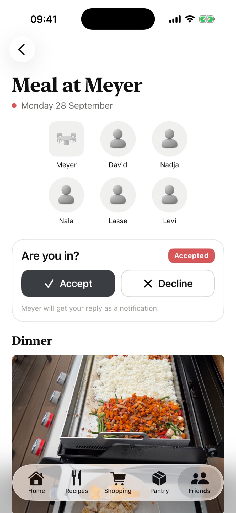 An invitation in the Superkitchen app from the guests’ side: “Are you in?” with Accept and Decline, and the dinner below
