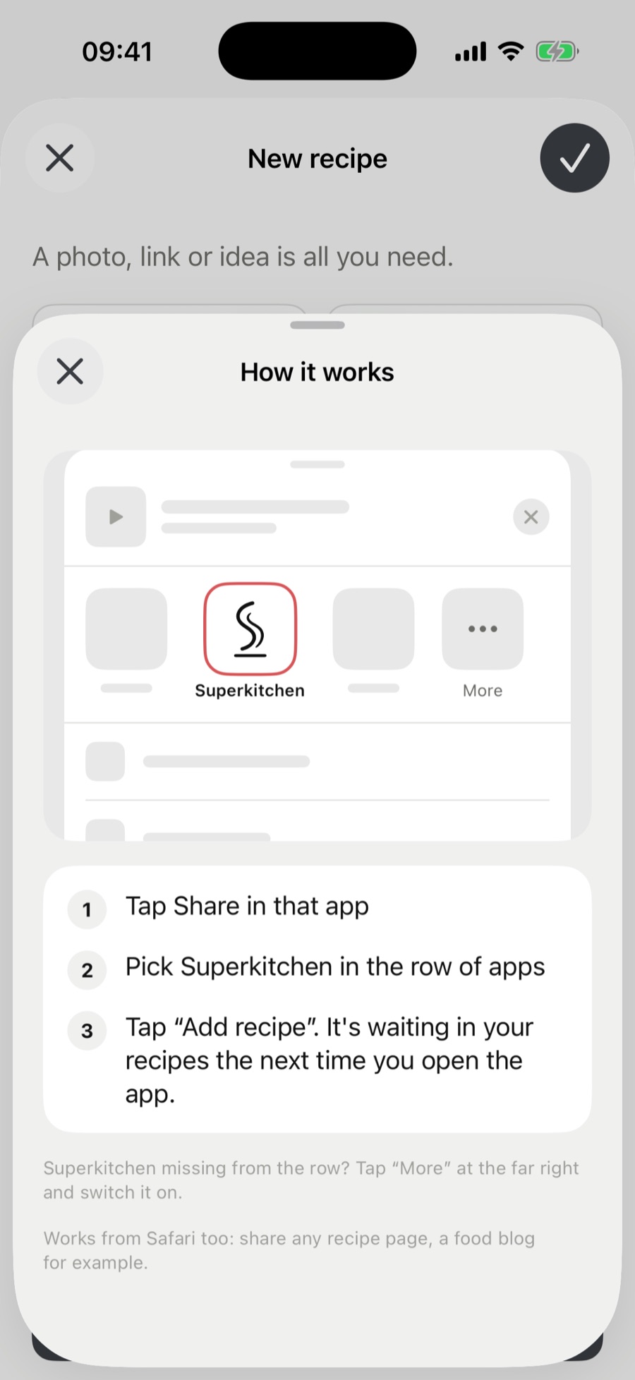 The “How it works” sheet in Superkitchen: a share sheet with Superkitchen highlighted in the row of apps, followed by three steps