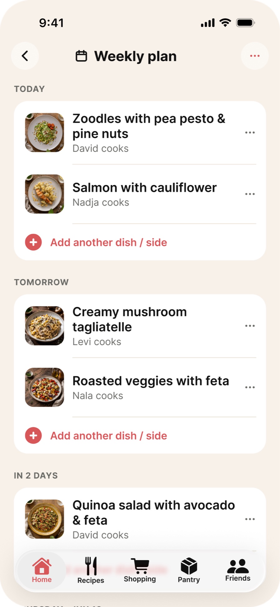 Weekly meal plan in the Superkitchen app: who cooks what, when