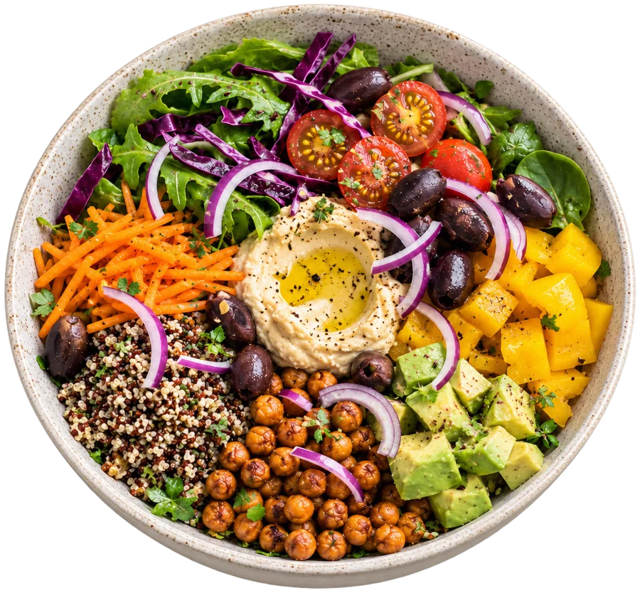Regenbogen-Bowl mit Hummus