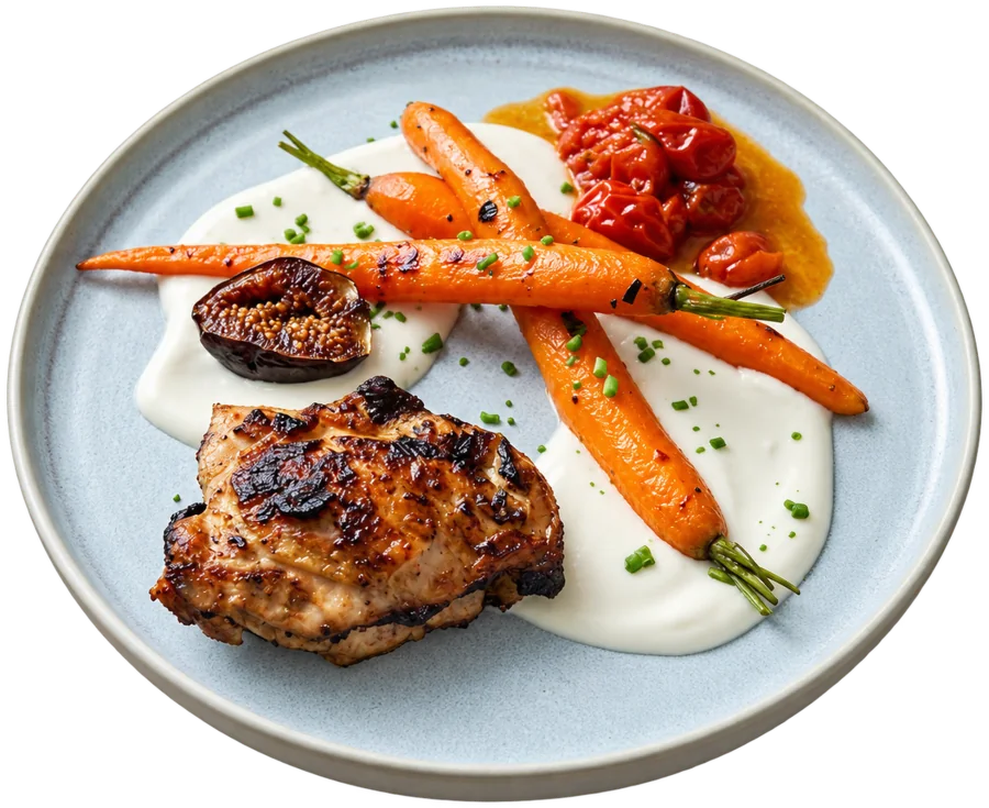 Würz-Hähnchen vom Grill auf Knoblauchjoghurt mit Möhren