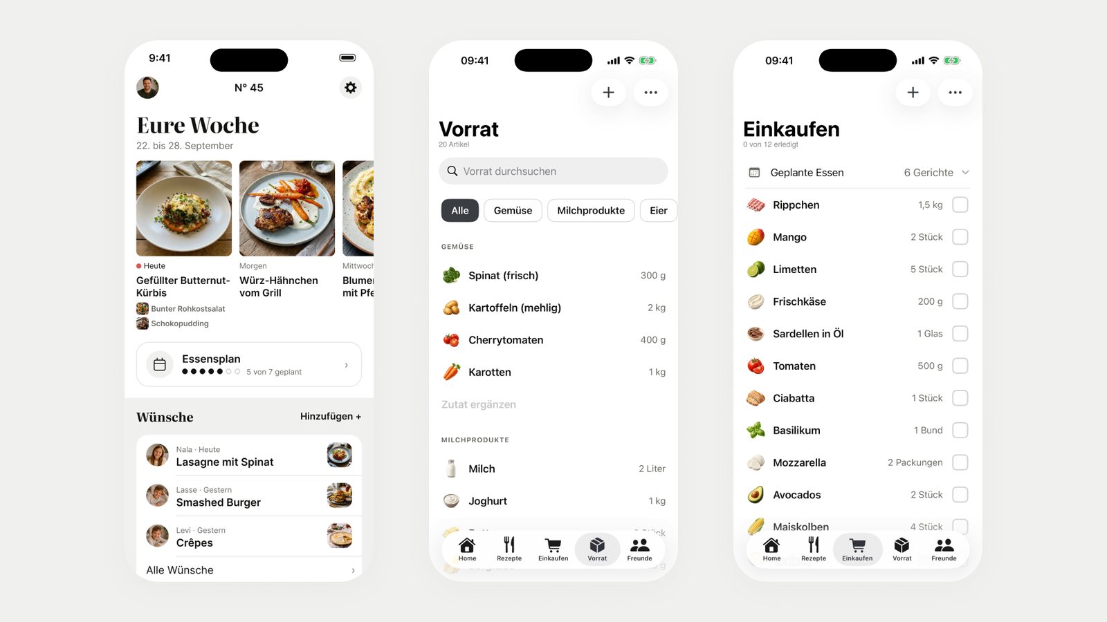 Drei Bildschirme der App Superkitchen: die Woche auf der Startseite, der Vorrat und die Einkaufsliste